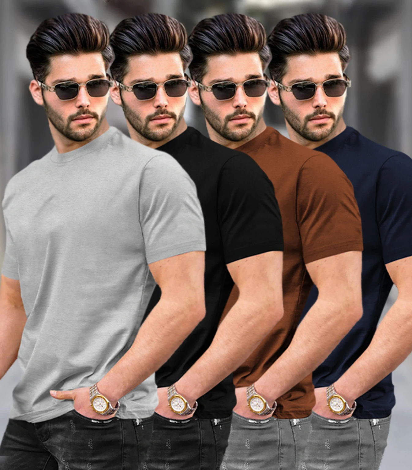 Pack of 4 Men Solid Round Neck Cotton B